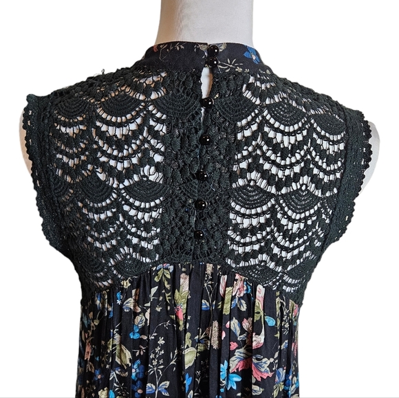 Ethereal by Paper Crane Black Floral Sleeveless Dress Sz S ? Crotchet Trim READ - Picture 5 of 14